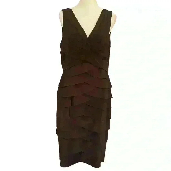 ADRIANNA PAPELL Dress Size 12 Brown Sleeveless Tiered Cocktail V-Neck Party - Picture 1 of 12
